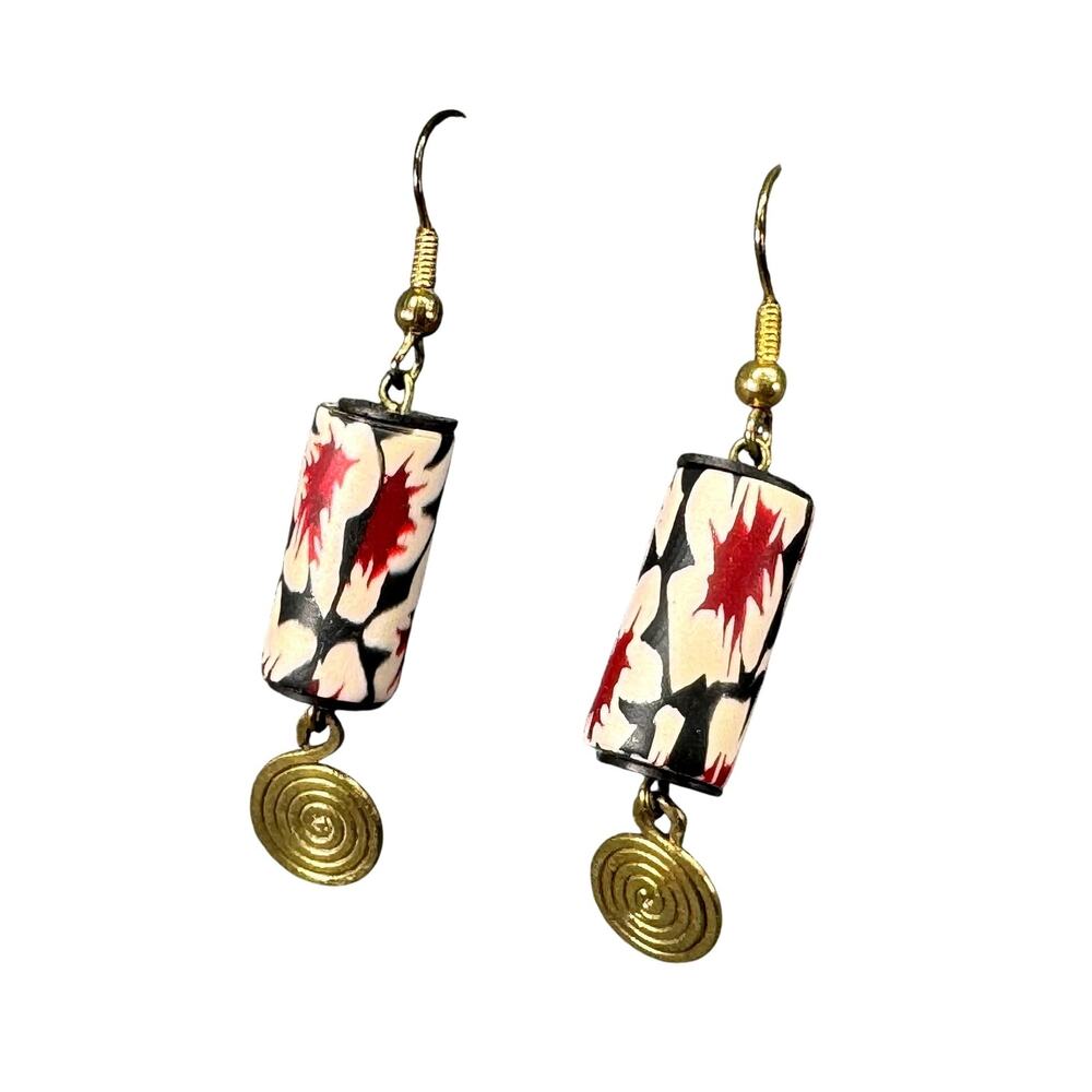 Vintage Boho Clay Millefiori Style & Brass Spirals on Dangle Hook Earrings